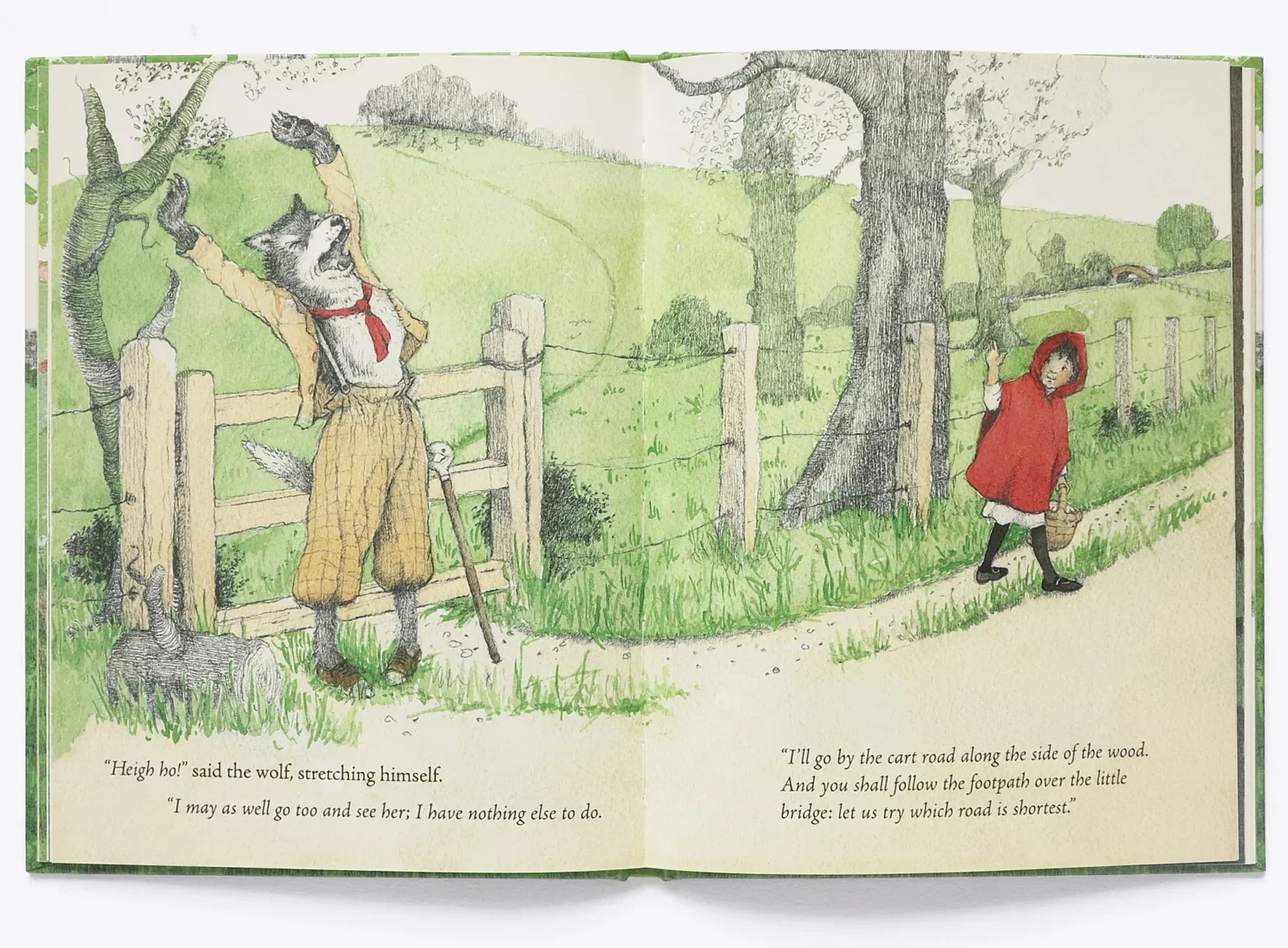 Red Riding Hood meets the wolf on the path