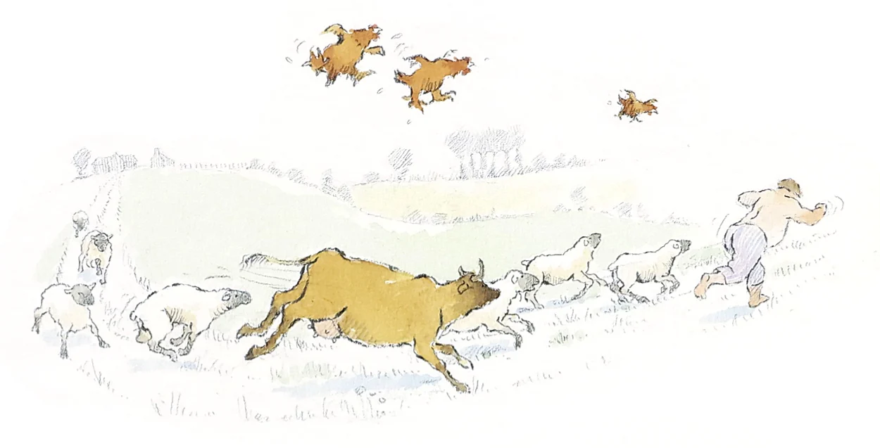 Helen Oxenbury Animals chasing the farmer off